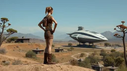 A photorealistic image of a slender 60-year-old woman, in brown shorts, a shirt and boots, with a backpack, standing on a hill looking down on a derelict sci-fi village with low alien buildings. A skinny 50-year-old woman standing, hands on hips, in brown shorts, a shirt, and boots, standing next to a large, sleek cargo spaceship, sitting in a clearing, in a derelict alien city with trees and fungi in clumps.