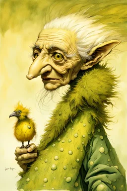 Artist Jean-Baptiste Monge style. A biomorph banana-headed old woman. White eyes. A yellow dotted green furry feathered fluffy dress.