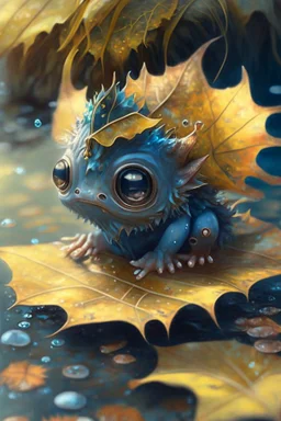 cute tiny ocean demon sitting on a fallen leaf, intricately detailed, photorealistic, oil on canvas, trending on art station, high definition, hdr, cute, beautiful in sunshine