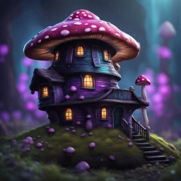 A funny floating mushroom house in space. neutral colors, black blue purple, Detailed gloss Painting, rich color, fantastical, intricate detail, splash screen, hyperdetailed, insane depth, concept art, 8k resolution, trending on Artstation, Unreal Engine 5, color depth, dynamic lighting, splash art, dramatic, masterpiece, excellent quality beautiful Imaginative, unique,