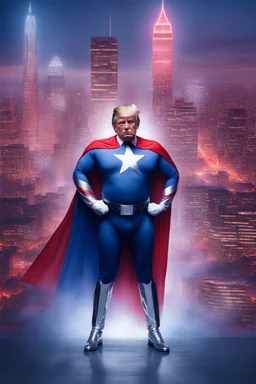 Donald Trump as 'Maga Man,' Extremely Muscular, Skintight, formfitting, red, white-and-blue bodysuit, blue cape, silver boots, Multicolored vortex, neon lit futuristic cityscape, mist, fog, speed, extremely overexaggerated musculature, "MAGA MAN"