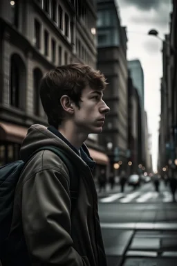 un joven divagando en la ciudad perdido en sus pensamientos mientras, a su alrededor, la ciudad sigue sus movimientos cotidianos