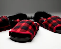 Red plaid slippers, fur black rug,log cabin fireplace, dark