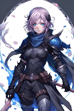 Dark Souls manga-style androgynous girl with pale pink hair, dark silver metal tiara, and blue warrior eyes, with medium dark blue leather armor, in a black coat, with dark blue gems in her greaves and gauntlets, holding two curves black claymores in both hands, with fight spirit in her eyes, fullbody