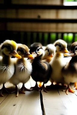 A lign of 6 beautiful ducklings and 1 ugly one