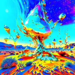 Bright, glittering, 3d, steel-like, surreal objects in a bright environment, desert, night light, rotten, spooky, high contrast, melting steel, Yves Tanguy style, Salvador Dalí style, 8k, intricate