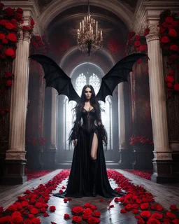 Facing front photography realistic Full body,creepy Vampire ghost woman long hair straddle wings bat she on standing on creepy,in mystery palace vampire,red roses flowers sorrounded background,dramatic angle, extreme angle shot, trypophobia, horror