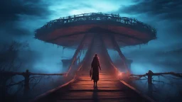 walking straight ahead over a wooden bridge, holding the angel of death with your right hand, entering the fog at the end of the road that leads to the afterlife, and a beautiful sunset and galaxy's behind the fog, realistic