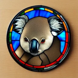 round coaster of koala with stained glass window effect, highly detailed, intricate, warm colors, stained glass window, glossy from rain, warm lighting, dramatic lighting