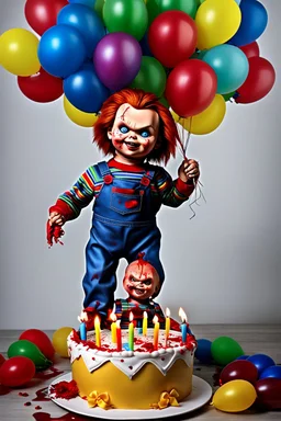 create me an photo realistic chucky doll celebrating his birthday lots of balloons and blood