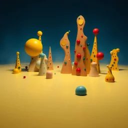 Fotografia di una superficie piatta di colore azzurro chiaro e giallo pastello, su cui si ergono surreali strutture di forma astratta e surreale, con macchie, di plastica dura, di colori vari, forti contrasti. Joan Miró odd style. Sttong 3d deep field. Nebbia, oscurità, paranoic, obsessive, homologic, phobic, nightmare, notte, glossy, hasselblad h6d400c --ar 85:128 --v 6.