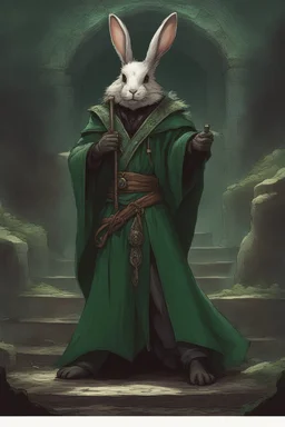 Male rabbitfolk with black fur and Hazel eyes wearing a emerald green robes in a fantasy setting, sorcerer of life