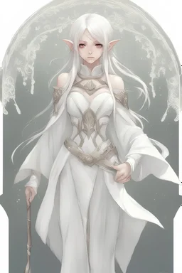 white skin, female, elf, white clothes, full body