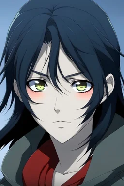 a handsome anime boy with long black hair and hazel eyes with cold demeanor and red cheeks.