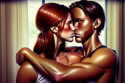 digital art of beautiful auburn hair teenage laracroft girls with grandpa in a bedroom, hugging dad bare lips