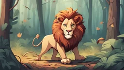 A lion with a mouse in a forest and the picture appears as if it is a challenge between them style cartoon