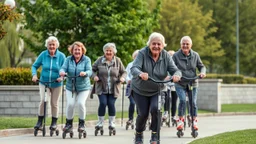 Elderly pensioners on rollerblades. Everyone is happy. Photographic quality and detail, award-winning image, beautiful composition.