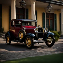 an oldtimer Ford model A from 1931 with a spare tire at the back, high bodywork old fashioned deep red color drives on an old-fashioned square with mansions on either side, Award winning photography illustration dynamic lighting 8k, award winning fantastic view portrait, colourful Nikon850