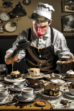 a young mechanic man covered in grease enjoying high tea by himshelf with little cakes