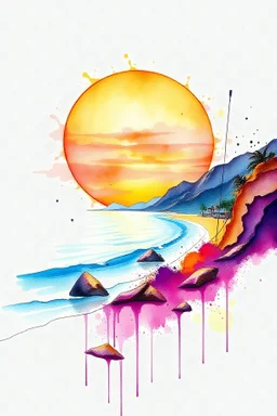 2:3 Full size, watercolor on transparent background paper, chromatic, zoom, sharp, splash of colors on a white background, a detailed golden purple sunset fire style, Beach with light blue water, Mountains, graffiti elements, powerful zen composition, dripping technique, & the artist has used bright, clean elegant, with blunt brown, 4k, detailed –n 9, ink flourishes, liquid fire, clean white background, zoom in, close-up,