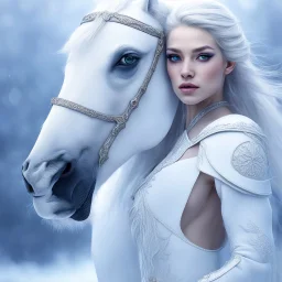 A white horse ,digital art, by Nikita Veprikov, fantasy art,closeup portrait shot, the white gorgeous 3d render, winter concept art, high fashion fantasy, high quality fantasy stock photo, centered elven, shot with Sony Alpha a9 Il and Sony FE 200-600mm f/5.6-6.3 G OSS lens, natural light, hyper realistic photograph, ultra detailed -ar 3:2 -q 2 -s 750