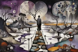face to the camera in midle one alone human figure with a big map his hands in weird whimsical clothes stands on thin weird bridge , weird whimsical landscape, forest, and Sahara water and rocks,, around surreal cracked painted weird land with some black doors. dark purple, gray, black, white, brown,deep colors. style of Chagall , of Minjae Lee and Tim Burton, absurd beauty. broken, weird bizarre absurd, nightmare, neuron network background, surreal vibe