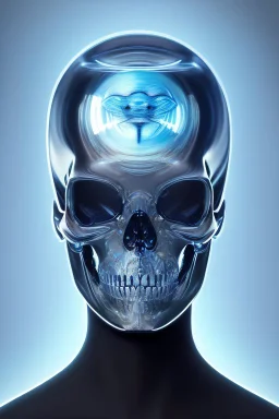 A glass headed skull with sapphire eys wearing a futuristic uniform, 8k resolution concept art portrait by Greg Rutkowski, Artgerm, WLOP, Alphonse Mucha Boris Vallejo dynamic lighting hyperdetailed intricately detailed Splash art trending on Artstation complimentary colors Unreal Engine 5 volumetric lighting