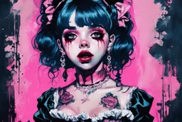 Poster in two gradually, a one side malevolent goth vampire girl face and other side the Singer Melanie Martinez face, full body, painting by Yoji Shinkawa, darkblue and pink tones,