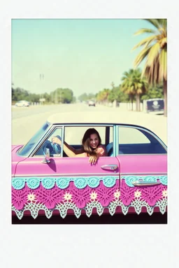 Vintage polaroid of a hippie car,crochet, purple, turquoise, Priscilla presley