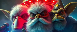 volume fog light, hyper real close up on fluffy beard faces of rock alien cricket duck priest gremlin grandma general with hi tech transcendent lazer plasma blaster arsenal from hell, guarding bridge up to space saucer neon plastic transparent, movie poster