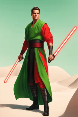 Full Muscular Body, Male Tan Human, Red Bandage Blindfold. Green and Black Robes, Red Crossgaurd Lightsaber, HD