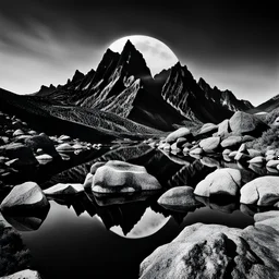 Sublime foto close-up Ilford ad alta definizione di una montagna rocciosa e falsa, un lago falso, decal, bas-relief, surreale, collage art, dadaism, sublime, splimapys nero, cielo nero, acqua nera riflette un sole nero, macabre piante circondano il lago, alghe, hypermaximalist, Max Ernst style, strangeness, intricate, hypnotic, obsessive, 8k, deep 3d field, very accentuated details of the rocks and shtn, eerie, artistic photo, shot on Hasselblad, large format film, medium format film