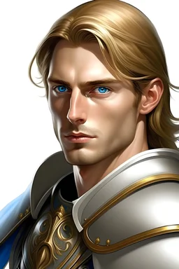 A blond young man with wide blue eyes with golden armor and a big golden sword riding a white horse