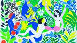 A contemporary serigraphy by Matisse with people drawn by Picasso practicing yoga surrounded by blooming flowers and lush vegetation.