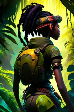 Black female adventurer, jungle background, backside, exploration theme, vibrant, 3d