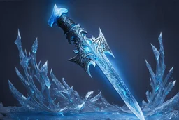 A fantasy greatsword that is a slender, translucent blade made of ice, shimmering with an ethereal blue glow. Its hilt is crafted from swirling vines, leading to a vibrant crystal at the pommel. With a black background behind it. HD