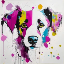 A colorful, abstract and minimal painting of a dog with exaggerated features. The dog has large eyes, a patchwork of magenta , grey and tan fur, with black outline details giving a scribbled effect. the image is in the middle of a white canvas. The background should be clean and mostly white, with subtle geometric shapes and thin, straight lines that intersect with dotted nodes. The style is expressive and textured, reminiscent of outsider art.