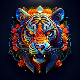 logo design, complex, trippy, bunchy, 3d lighting, 3d, tiger, realistic head, with neon colors, floral, flowers, cut out, modern, symmetrical, center, abstract
