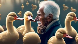 confused older man using cellphone telling the many ducks that surround him to "go away"