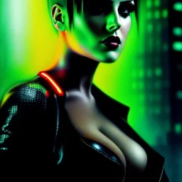 portrait oil on canvas, beautiful punk busty female Cyborg, looking to viewer, sad green eyes, post-apocalyptic in a cyberpunk city,minimal skintight suit, blade runner, comic book cover, mystical colors, neon, insanely detailed,realistic,intrincate detail, 16k resolution, masterpiece, Adam hughes