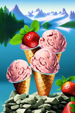 strawberry ice-cream on mountaintop, lake, trees, mystical, Post-painterly abstraction