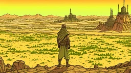 Desert warrior from behind looking at a city on a plateau in the distance, comic style