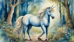 Watercolor, full-length, fantasy portrait of a beautiful unicorn in a fairytale forest, a magical atmosphere around a fairytale scene. Color palette: blue, shades of green, light brown, beige, brown. Beautiful happy art, fabulously magical, art on cracked paper, cinematic, complex background, play of shadows, detailed intricate background, mystical landscape, big eyes, Miyazaki, Hieronymus Bosch, illustrations of children's stories, very detailed unusual beautiful details, in-site, haunting, ric