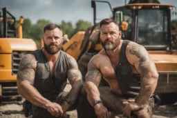 full figure shot photography of two burly beefy hairy polish workers 34 years old, shirtless , tattoo ,short hair, short beard , bulge, short pants, working on a construction site in the middle of a road under the sun, look at the camera, hyper-realistic, photographic, 8K