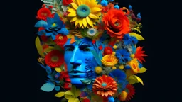 This is a digital collage artwork featuring a surreal and imaginative composition. The central figure is a human head, depicted in a striking blue hue, with a detailed, intricate arrangement of various flowers and plants growing out of its face. The flowers include a diverse range of species, such as sunflowers, daisies, roses, and ferns, all in vibrant colors like red, yellow, purple, and green. The arrangement is so dense that it almost obscures the facial features, creating a surreal and othe