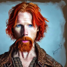 Portrait of Courtney Gains as a ruggedly handsome, joyful, roguish pirate, charismatic, attractive male, masculine, perfect, precisely detailed clear eyes, softly freckled face, unblemished, flawless skin; meticulously detailed multi-hued ginger carrot colored cherry fire red hair; fantasy, intricate, elegant, highly detailed, digital painting, concept art, matte, sharp focus, illustration, art by artgerm and greg rutkowski and alphonse mucha