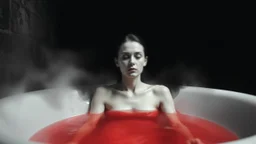 monochrome photo of very blur face pale woman sitting in bath tube around her red water, in bath, blur fog, background one black demonic shadow, dark gray old wall, darkness around, sad, surreal dark vibe, dark colors, in wall circle dark deep abyss,splash art, cinematic, depressive vibe