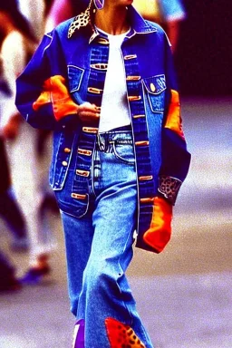 year 1996 denim fashion. Loose fit, low waist, baggy. Colors: denim blue, blue, purple, khaki, light green, lilac, plum, orange, terracotta, red, pink, dark blue, beige. Women models. Patterns: cheetah, balls, stripes.Jennifer Lopez, Gwyneth Paltrow, . Big tennis shoes on.