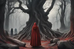 there are many tree trunks, they intertwine each other, a terrible forest, stones, rocks, twisted branches like hands, a dark, creepy place. In the foreground is Dante in a red robe, a girl is hiding in the distance, a man stands proudly, a old hunched woman is nearby.