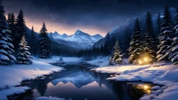 christmas,festive,fir tree forrest scenery,winter forest,tree,nature,night,snow,,fir trees,night ,mountain valley,cloud,fireflies,stream reflections